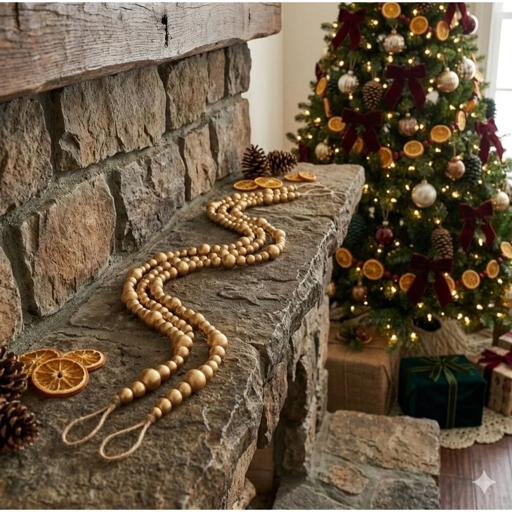 72 ft Antique Gold Wood Bead Garland 4pc Christmas Tree Farmhouse Rustic Decor